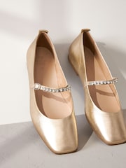 Gold Jewel Signature Leather Mary Jane Flat Shoes - Image 3 of 6