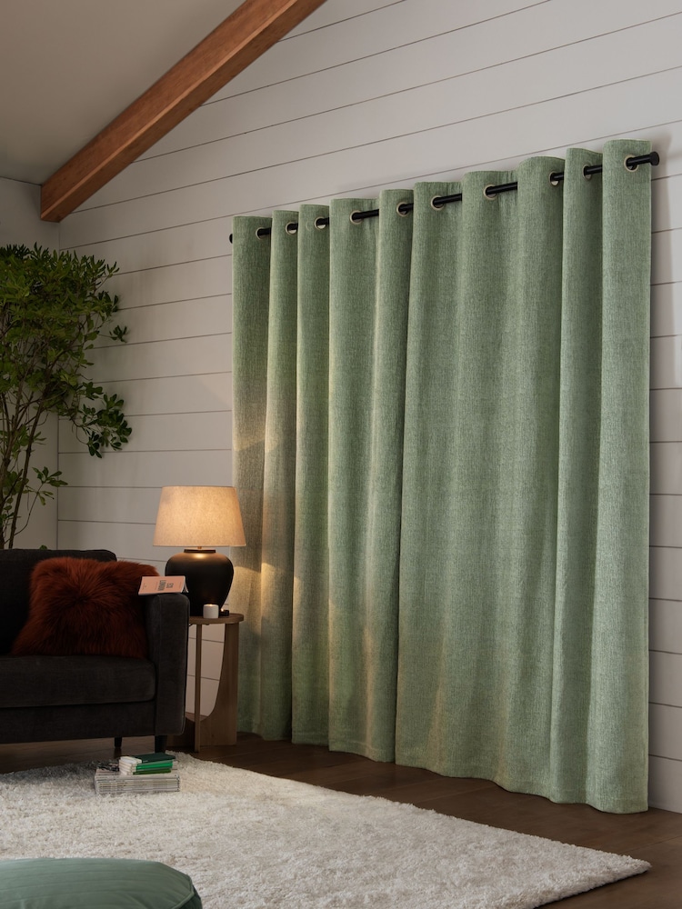 Green Sage Heavyweight Chenille Eyelet Lined Curtains - Image 2 of 7