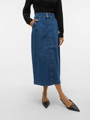 VERO MODA Blue 100% Cotton Button Detail Denim Midi Skirt - Image 1 of 7