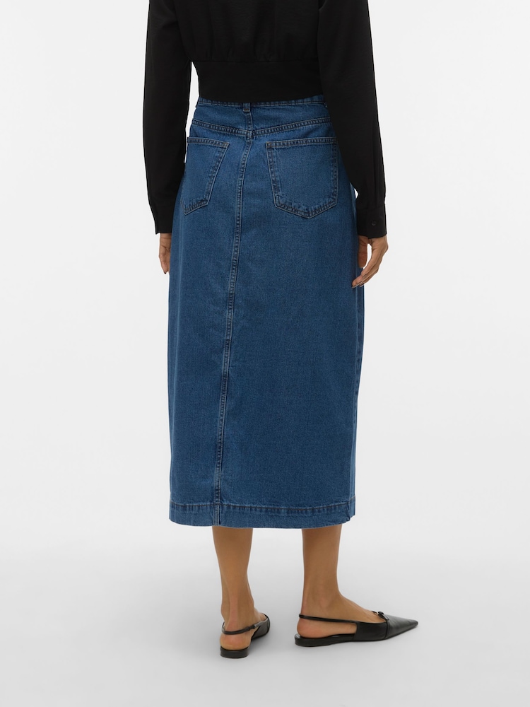 VERO MODA Blue 100% Cotton Button Detail Denim Midi Skirt - Image 2 of 7