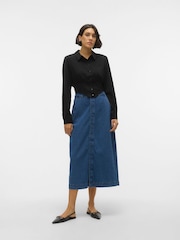 VERO MODA Blue 100% Cotton Button Detail Denim Midi Skirt - Image 3 of 7