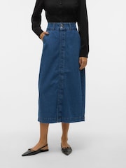 VERO MODA Blue 100% Cotton Button Detail Denim Midi Skirt - Image 4 of 7