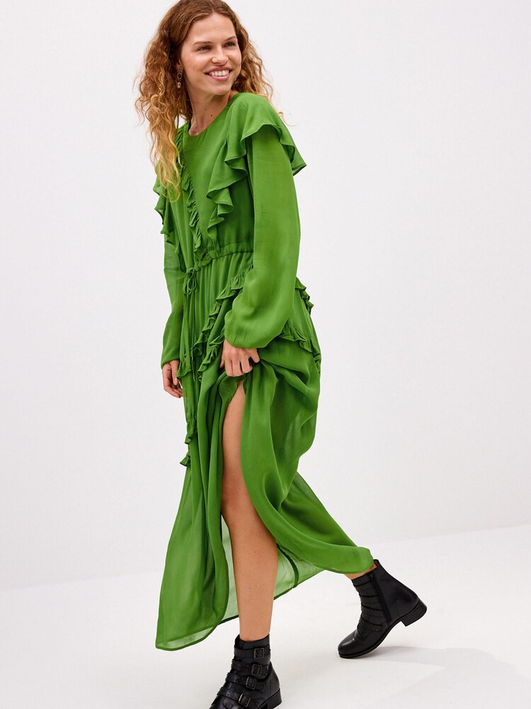 Buy Preen Green Ruffle Tie Waist Long Sleeve Midi Dress from Next