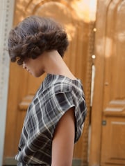 BHOEM Grey/Black Plaid Check Draped Midi Sleeveless Dress with Side Knot Detail - Image 3 of 5