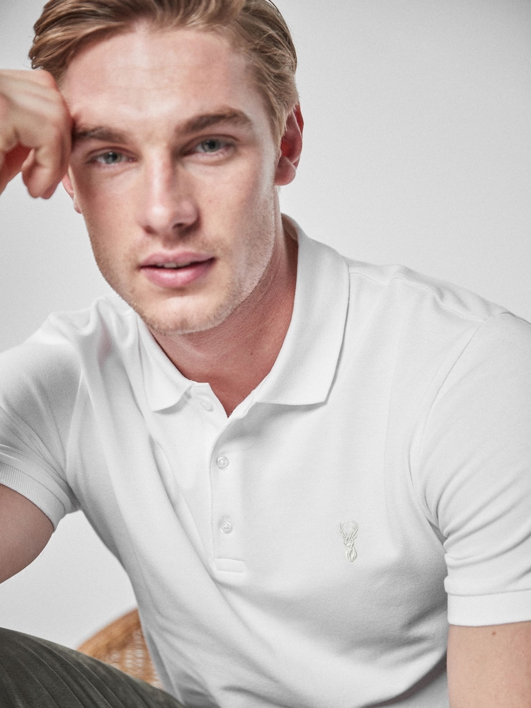 White Slim Fit Short Sleeve Pique Polo Shirt - Image 3 of 5