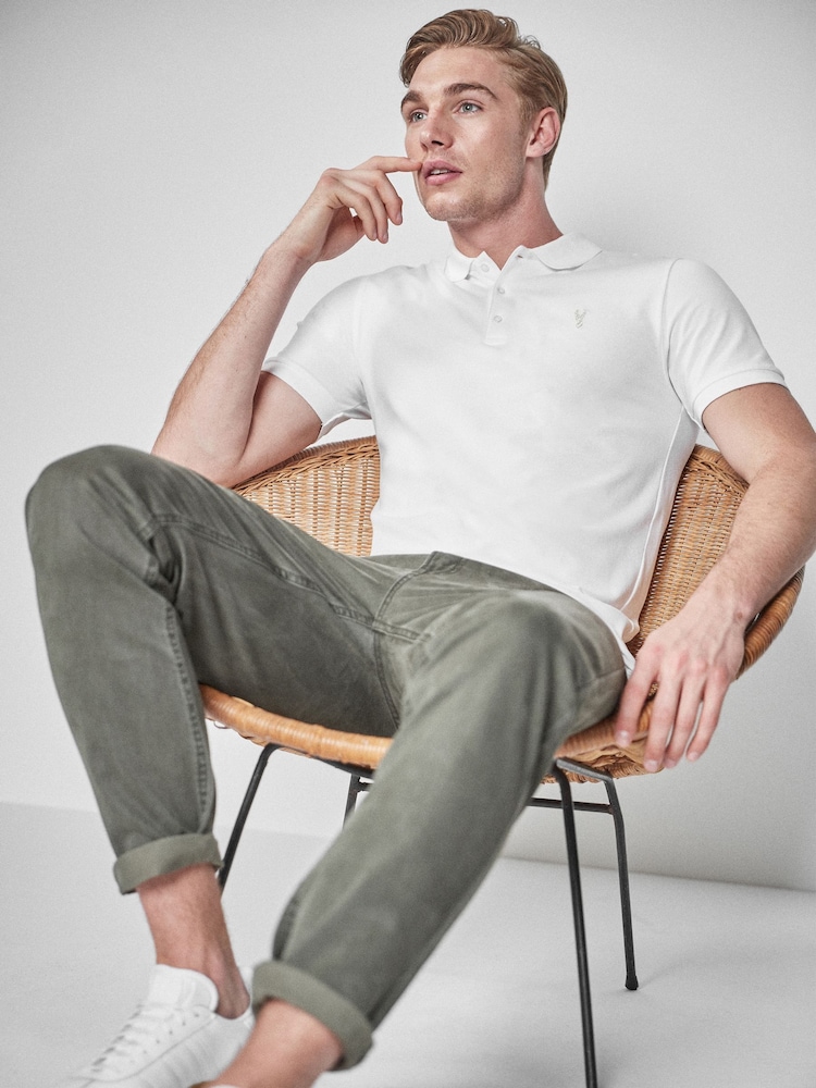 White Slim Fit Short Sleeve Pique Polo Shirt - Image 4 of 5