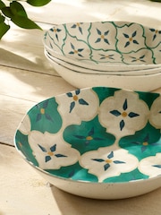 Teal/White Mediterranean Picnic Dinnerware Set of 4 Pasta Bowls - Image 4 of 6