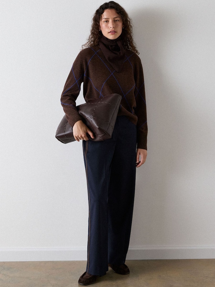 Whistles Brown Wool Contrast Diamond Knitted Jumper - Image 2 of 4 Whistles Brown Wool Contrast Diamond Knitted Jumper - Image 2 of 4