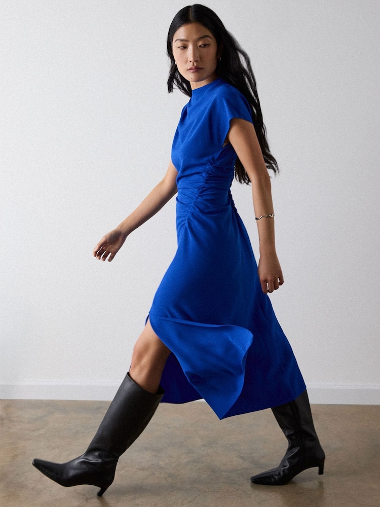 Whistles Blue Crepe Ruched Midi Dress - Image 2 of 4