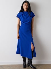 Whistles Blue Crepe Ruched Midi Dress - Image 3 of 4