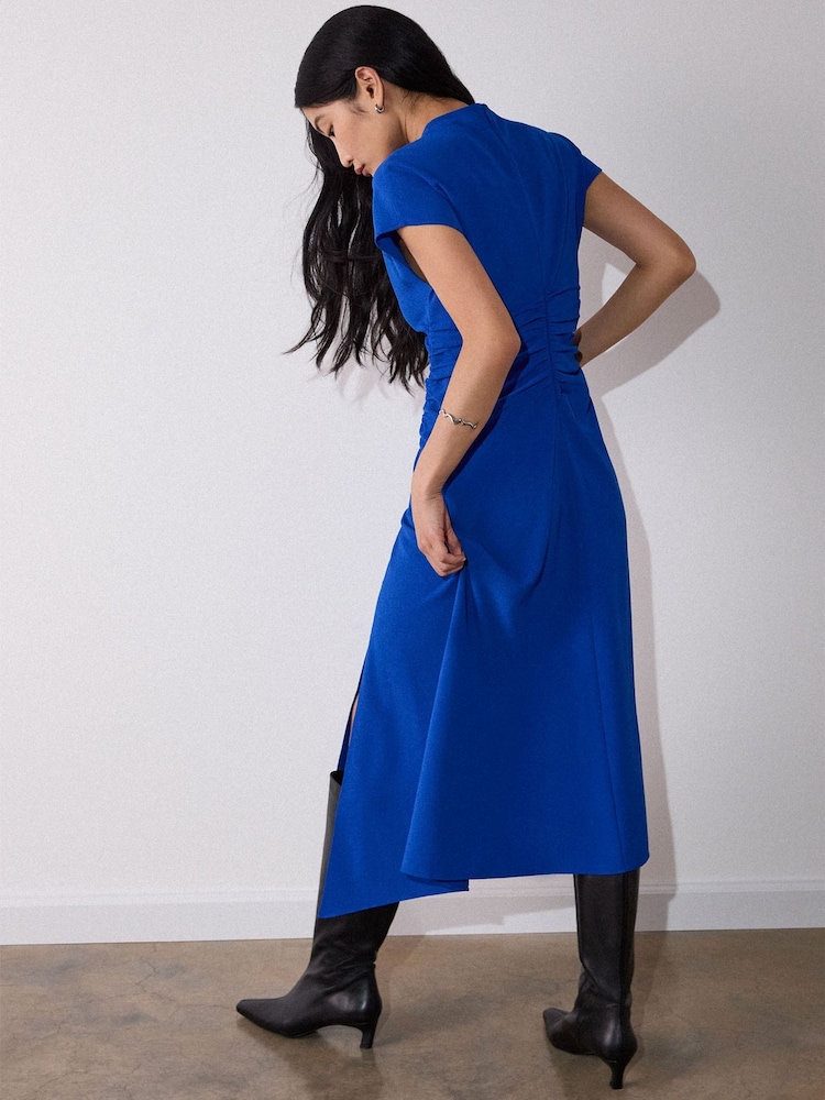 Whistles Blue Crepe Ruched Midi Dress - Image 4 of 4