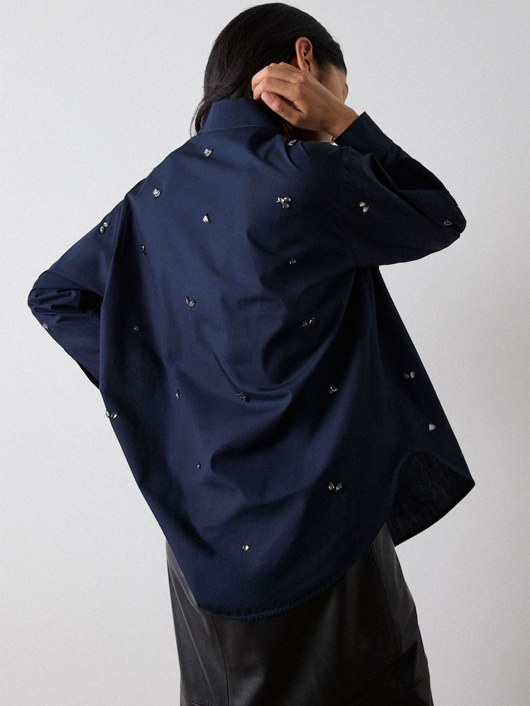 Whistles Blue Embellished Poplin Shirt - Image 4 of 4 Whistles Blue Embellished Poplin Shirt - Image 4 of 4