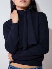 Whistles Blue Tie Neck Detail Knitted Jumper - Image 1 of 4