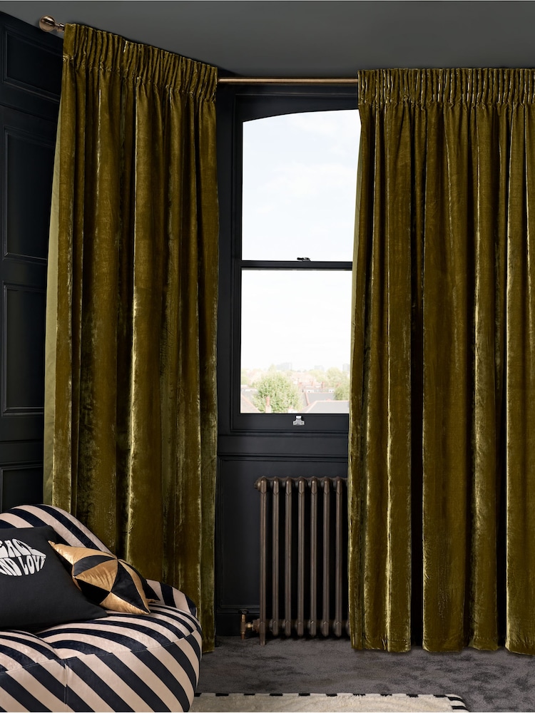 Rockett St George Green Pencil Pleat Perfect Velvet Curtain - Image 1 of 4