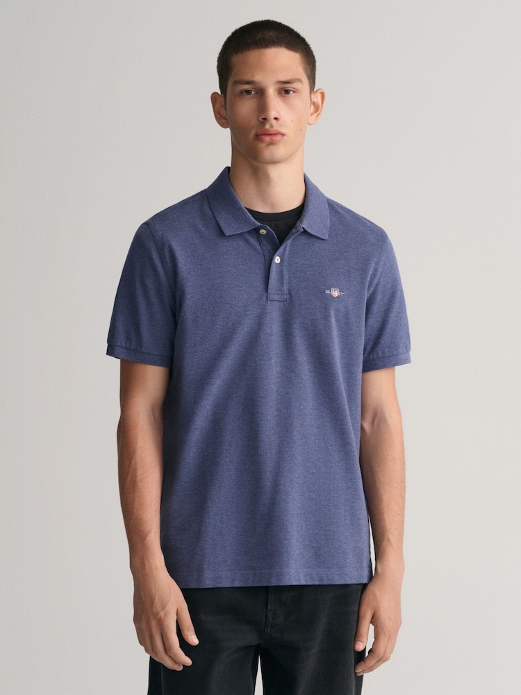GANT Blue Melange Regular 100% Cotton Shield Polo Shirt - Image 1 of 6