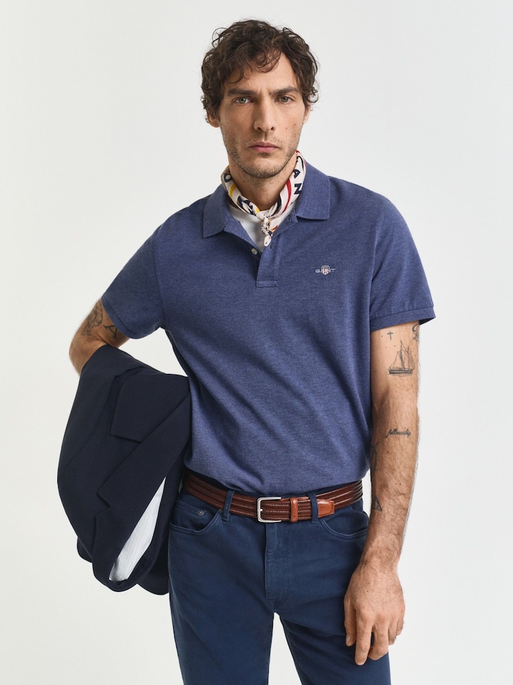 GANT Blue Melange Regular 100% Cotton Shield Polo Shirt - Image 1 of 5 GANT Blue Melange Regular 100% Cotton Shield Polo Shirt - Image 1 of 5