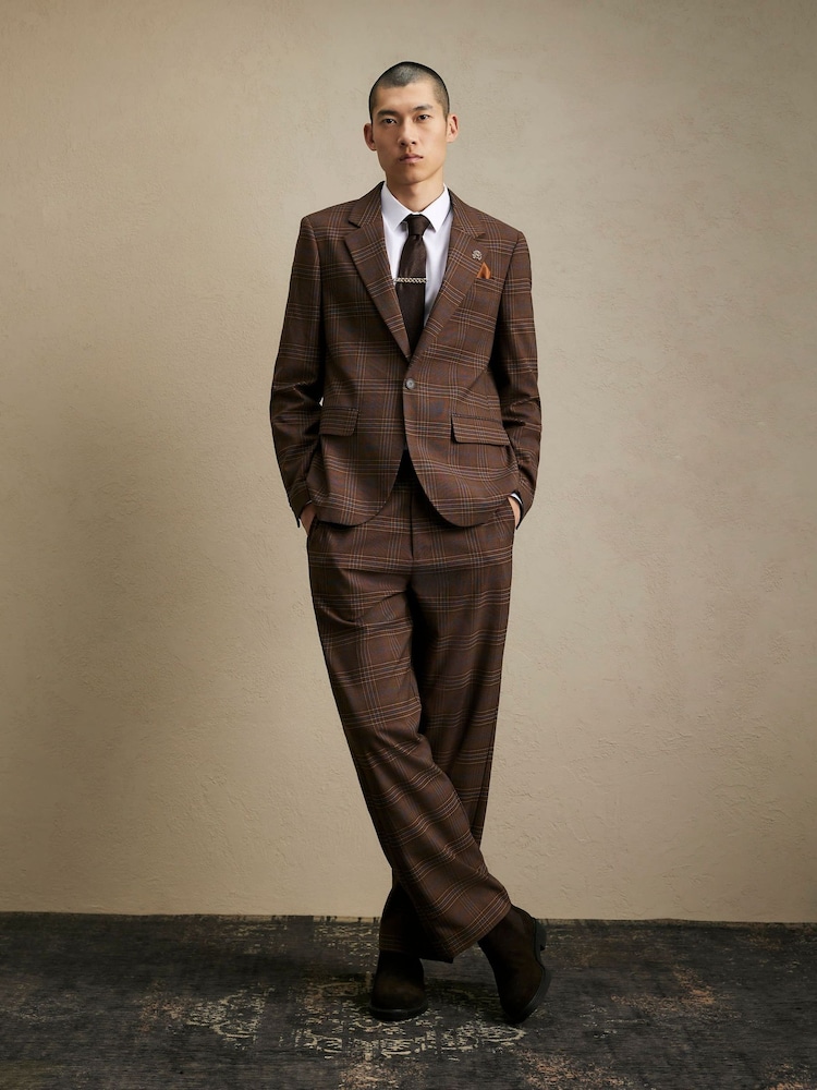 River Island Brown Wide Leg Check Suit Trousers - Image 1 of 4