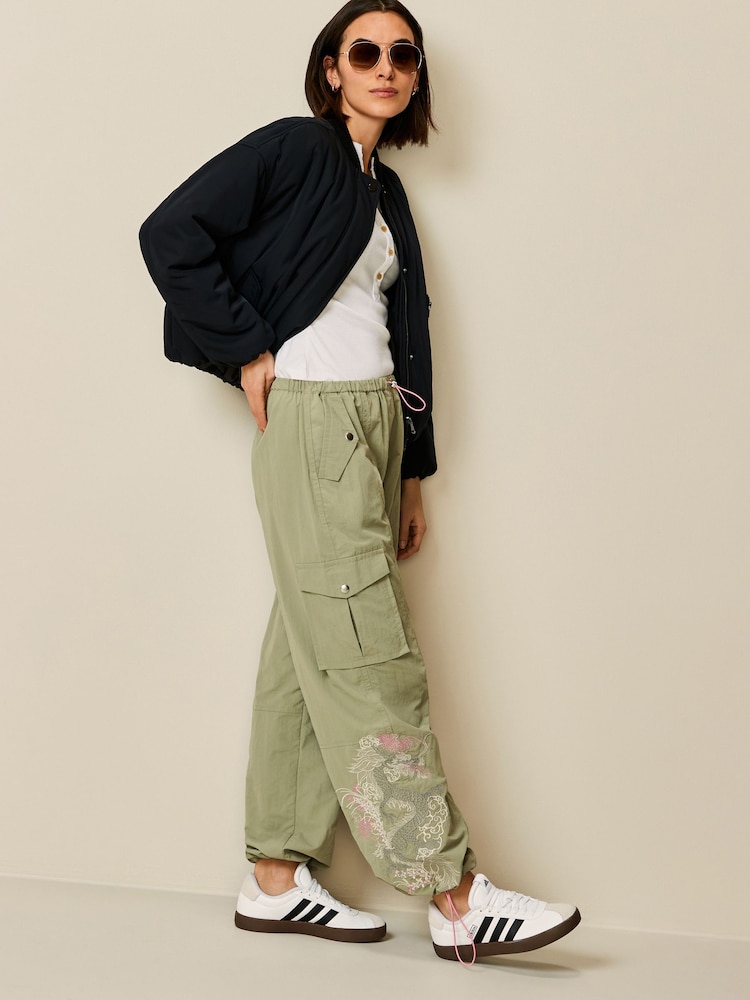 Sage Green Embroidered Parachute Pull On Cargo Trousers - Image 1 of 1