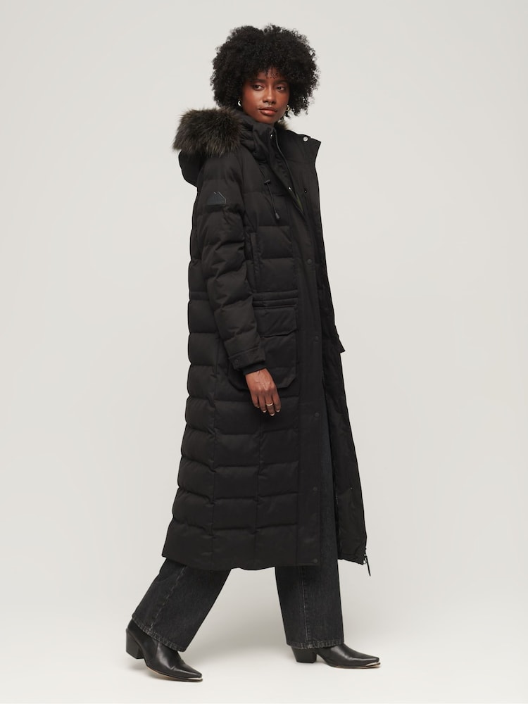 Superdry Black Faux Fur Hooded Parka Longline Coat - Image 3 of 6