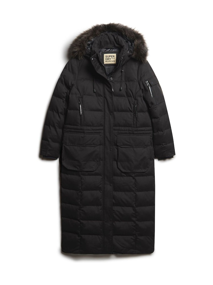 Superdry Black Faux Fur Hooded Parka Longline Coat - Image 4 of 6
