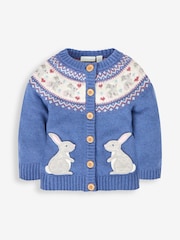 JoJo Maman Bébé Denim Blue Bunny Fairisle Pattern Cardigan - Image 1 of 3
