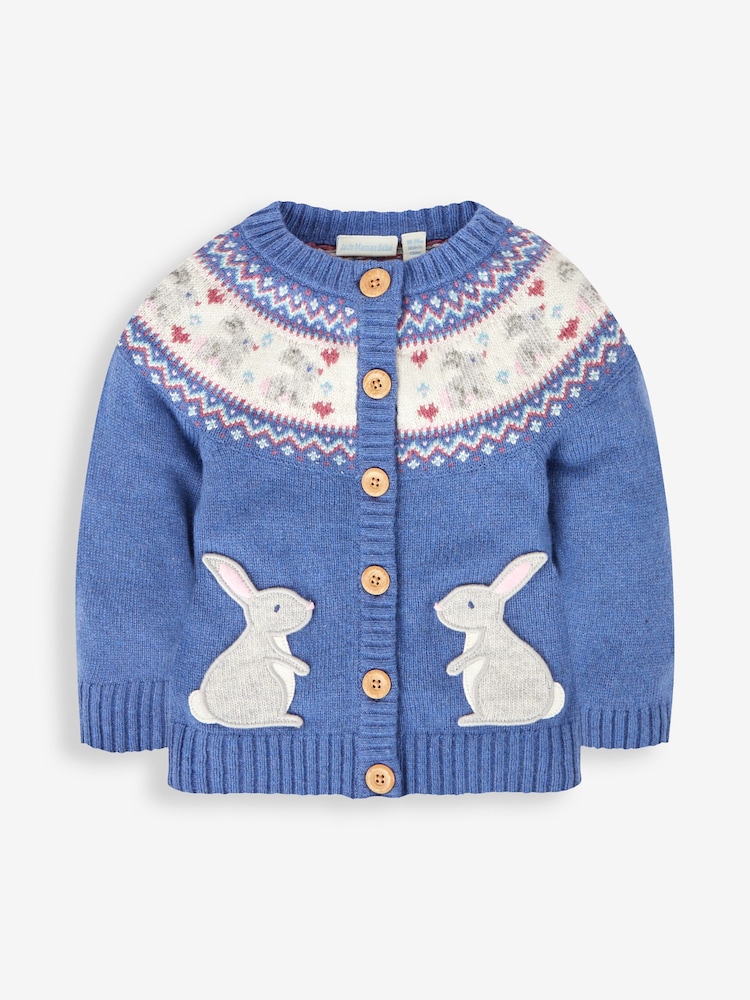 JoJo Maman Bébé Denim Blue Bunny Fairisle Pattern Cardigan - Image 1 of 3