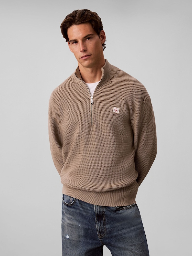 Calvin Klein Brown Cotton Waffle Half Zip Jumper - Image 1 of 6 Calvin Klein Brown Cotton Waffle Half Zip Jumper - Image 1 of 6