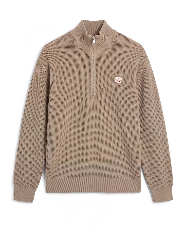 Calvin Klein Brown Cotton Waffle Half Zip Jumper - Image 6 of 6 Calvin Klein Brown Cotton Waffle Half Zip Jumper - Image 6 of 6