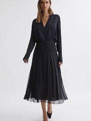 Reiss Navy Mya Pleated Long Sleeve Midi Dress - Image 1 of 4