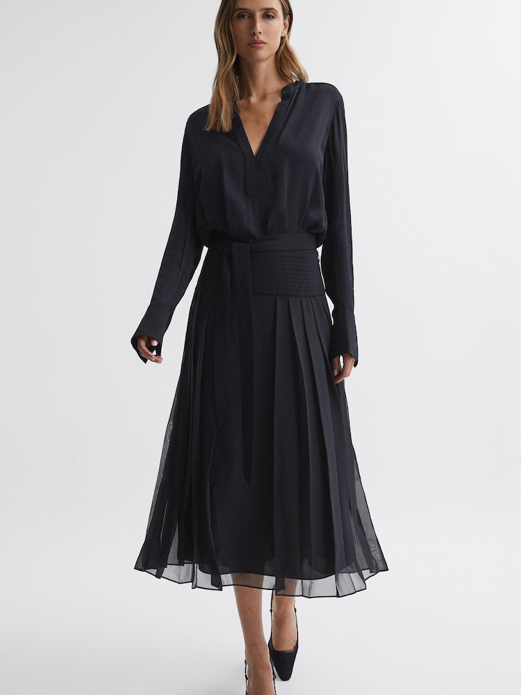 Reiss Navy Mya Pleated Long Sleeve Midi Dress - Image 1 of 4