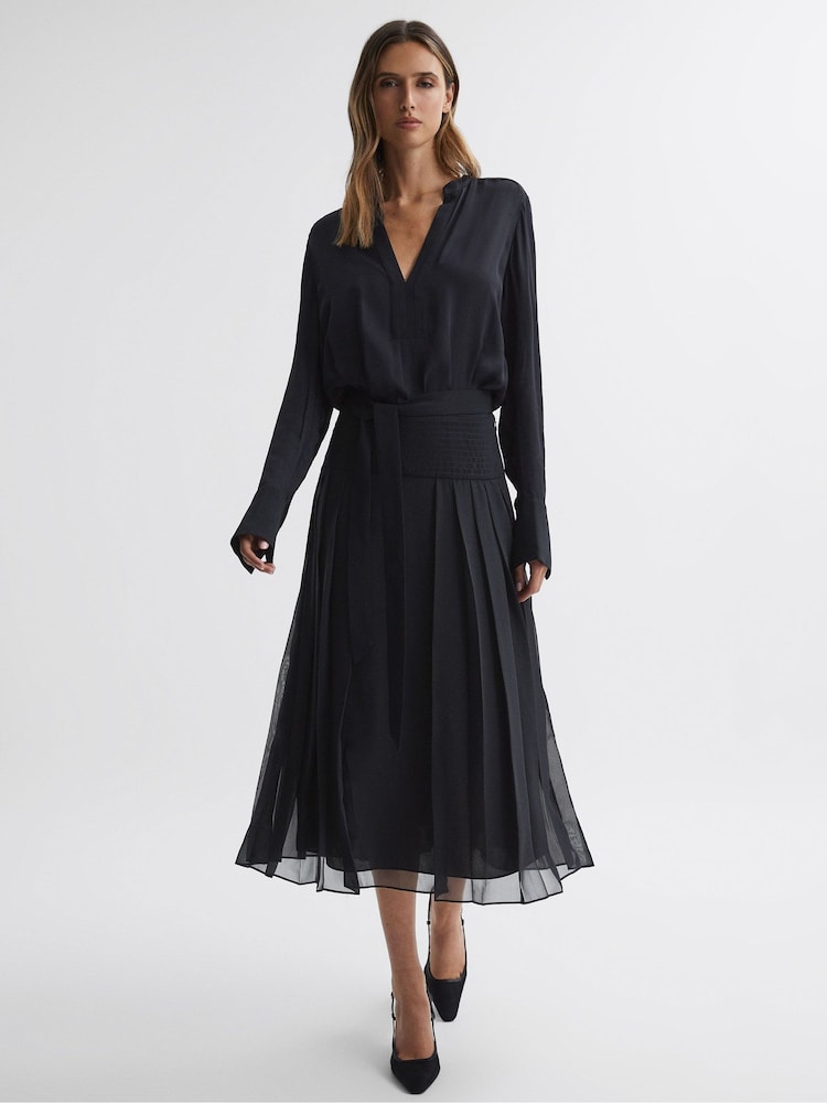 Reiss Navy Mya Pleated Long Sleeve Midi Dress - Image 1 of 4 Reiss Navy Mya Pleated Long Sleeve Midi Dress - Image 1 of 4