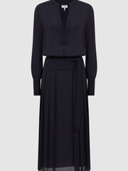 Reiss Navy Mya Pleated Long Sleeve Midi Dress - Image 2 of 4