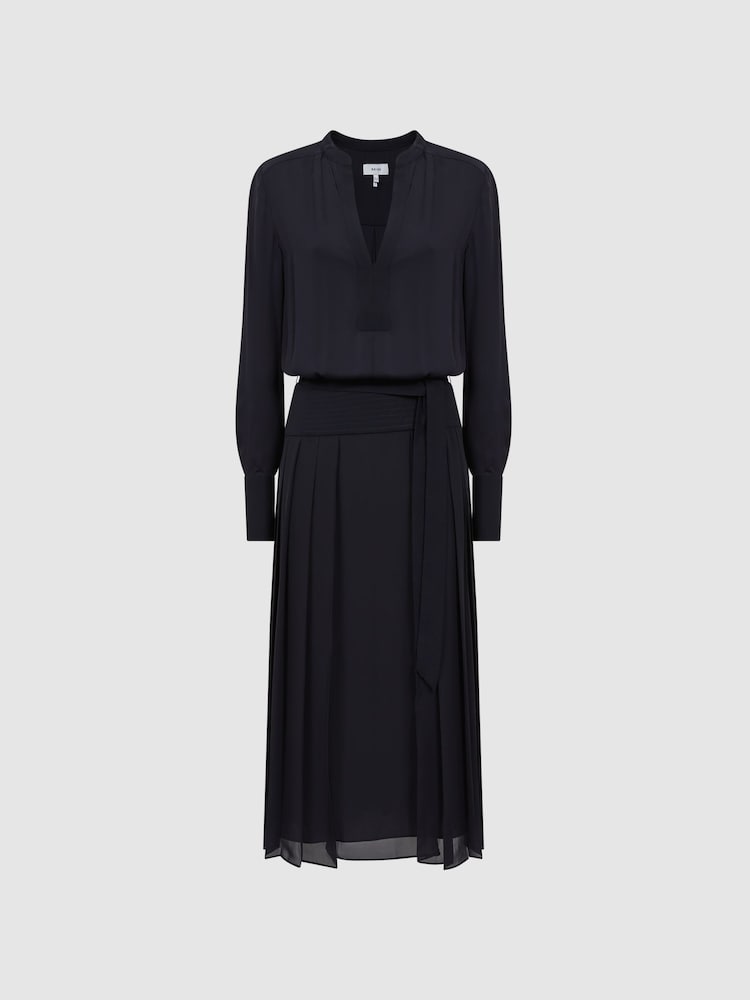 Reiss Navy Mya Pleated Long Sleeve Midi Dress - Image 2 of 4 Reiss Navy Mya Pleated Long Sleeve Midi Dress - Image 2 of 4
