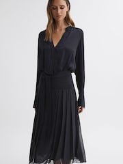 Reiss Navy Mya Pleated Long Sleeve Midi Dress - Image 3 of 4