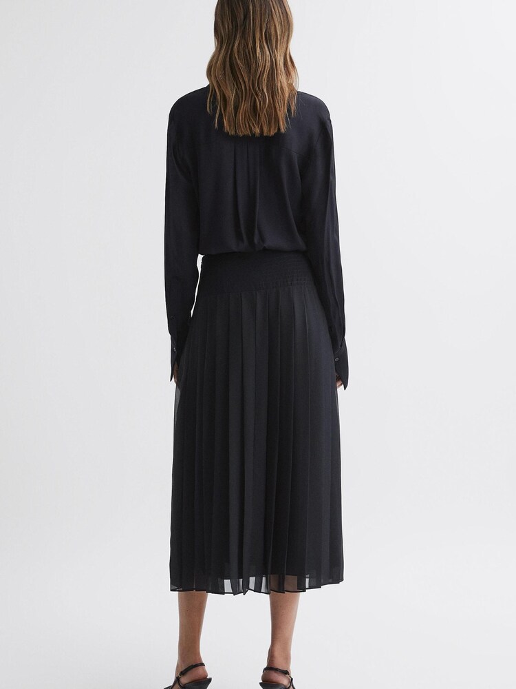 Reiss Navy Mya Pleated Long Sleeve Midi Dress - Image 4 of 4