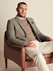 Taupe Slim Fit Wool Rich Herringbone Blazer - Image 1 of 10