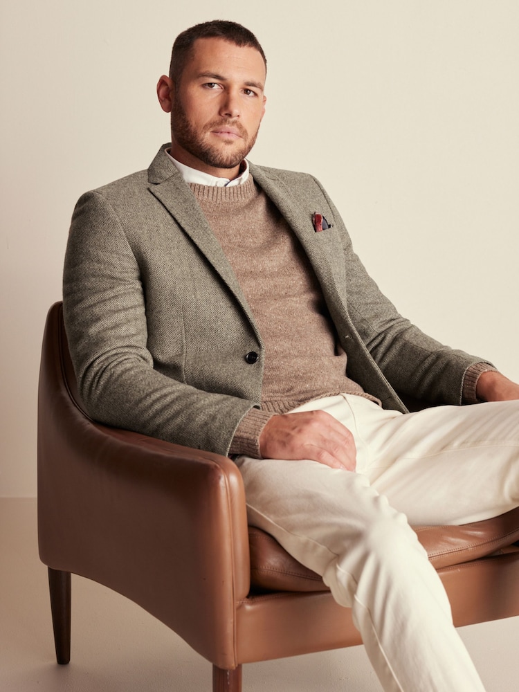 Taupe Slim Fit Wool Rich Herringbone Blazer - Image 1 of 10