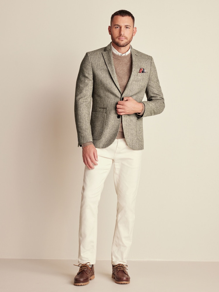Taupe Slim Fit Wool Rich Herringbone Blazer - Image 2 of 10