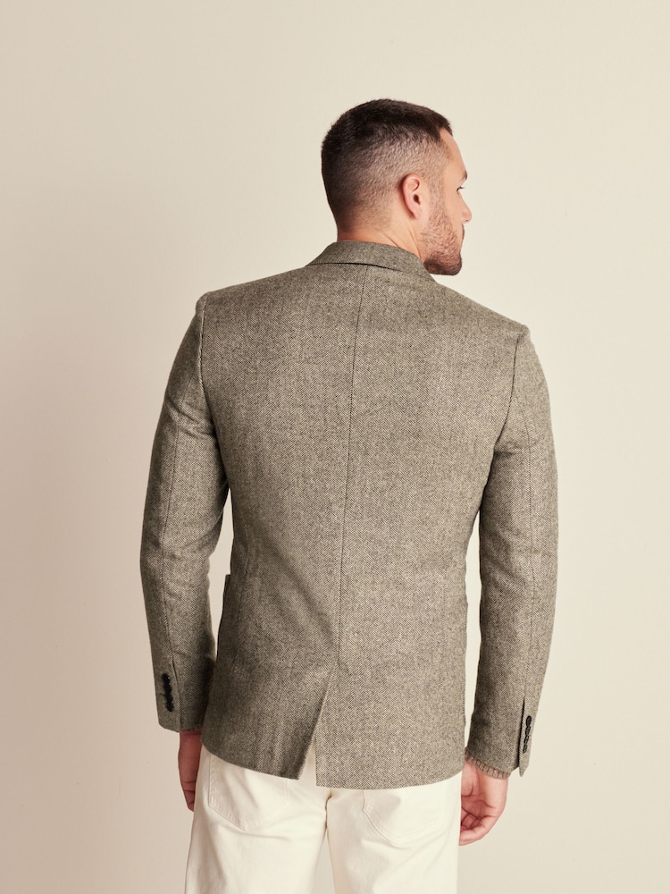 Taupe Slim Fit Wool Rich Herringbone Blazer - Image 3 of 10