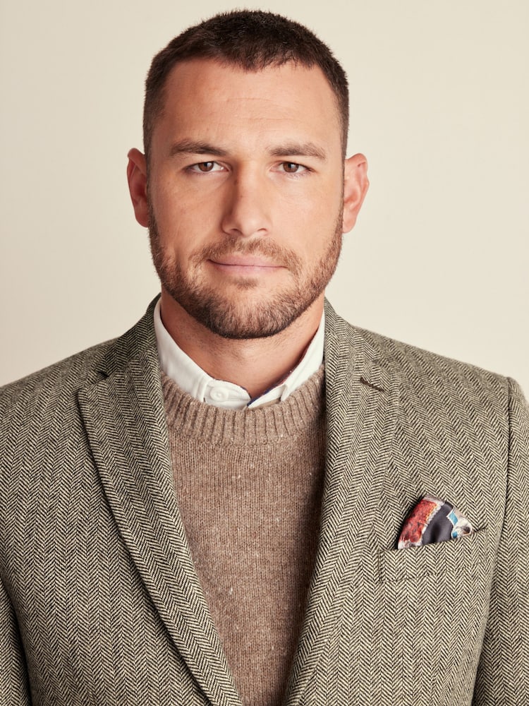 Taupe Slim Fit Wool Rich Herringbone Blazer - Image 4 of 10