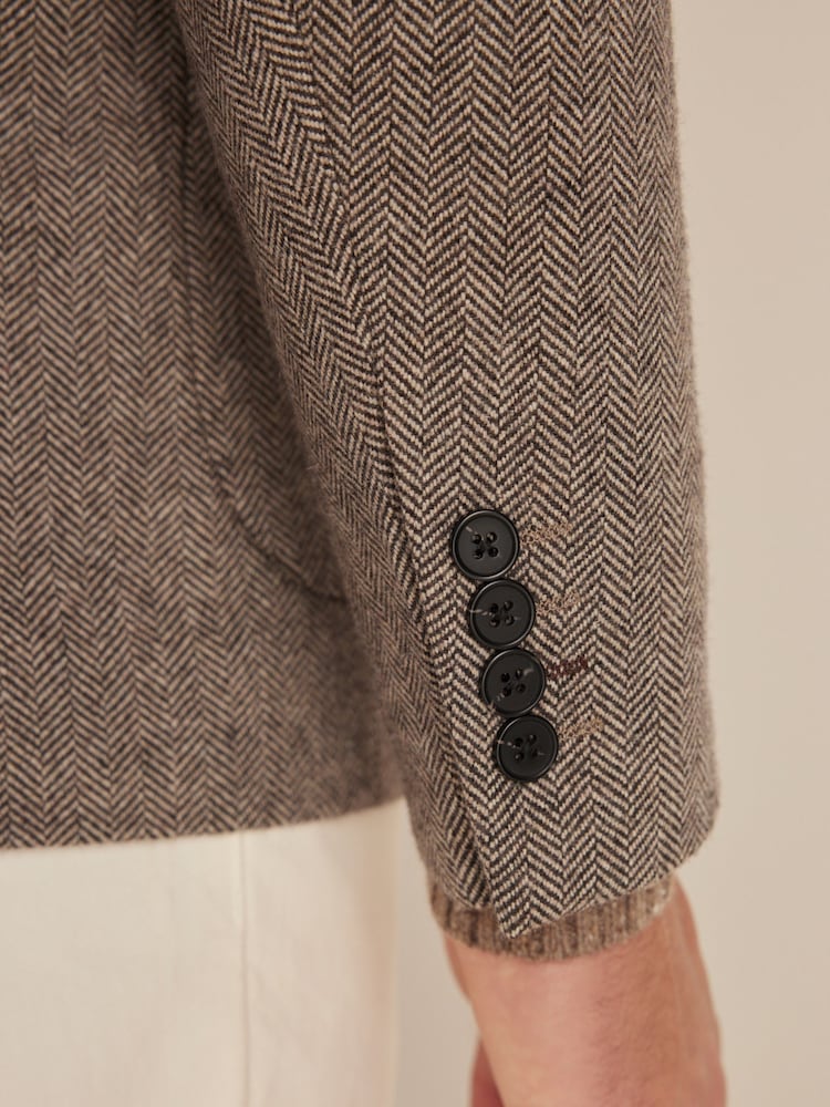 Taupe Slim Fit Wool Rich Herringbone Blazer - Image 5 of 10