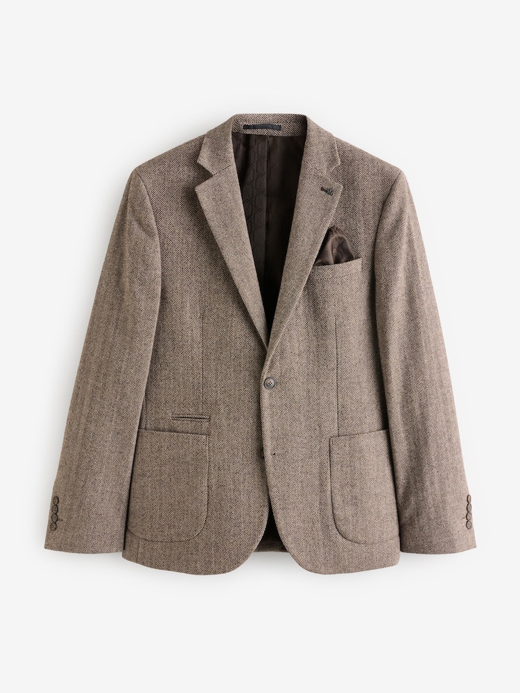 Taupe Slim Fit Wool Rich Herringbone Blazer - Image 6 of 10
