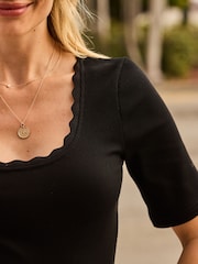 Sosandar Black Scallop Trim Ribbed Top - Image 2 of 5