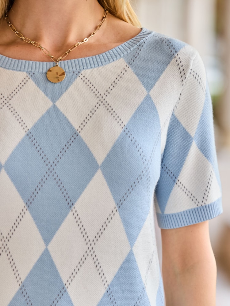 Sosandar Blue Argyle Knit Top - Image 5 of 5