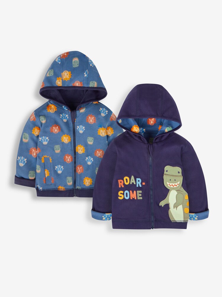 JoJo Maman Bébé Navy Blue TRex Appliqué Reversible Hoodie - Image 1 of 9