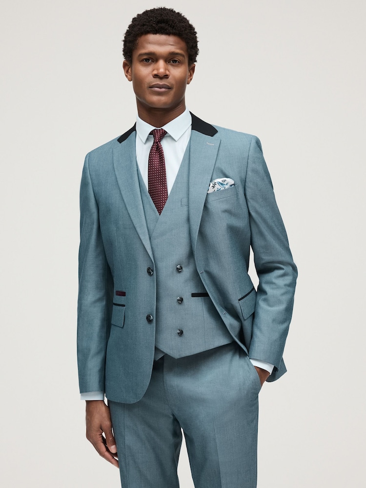 Light Blue Slim Fit Trimmed Suit Jacket - Image 1 of 11