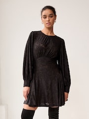 Black Floral Texture Long Sleeve Mini Dress - Image 1 of 6