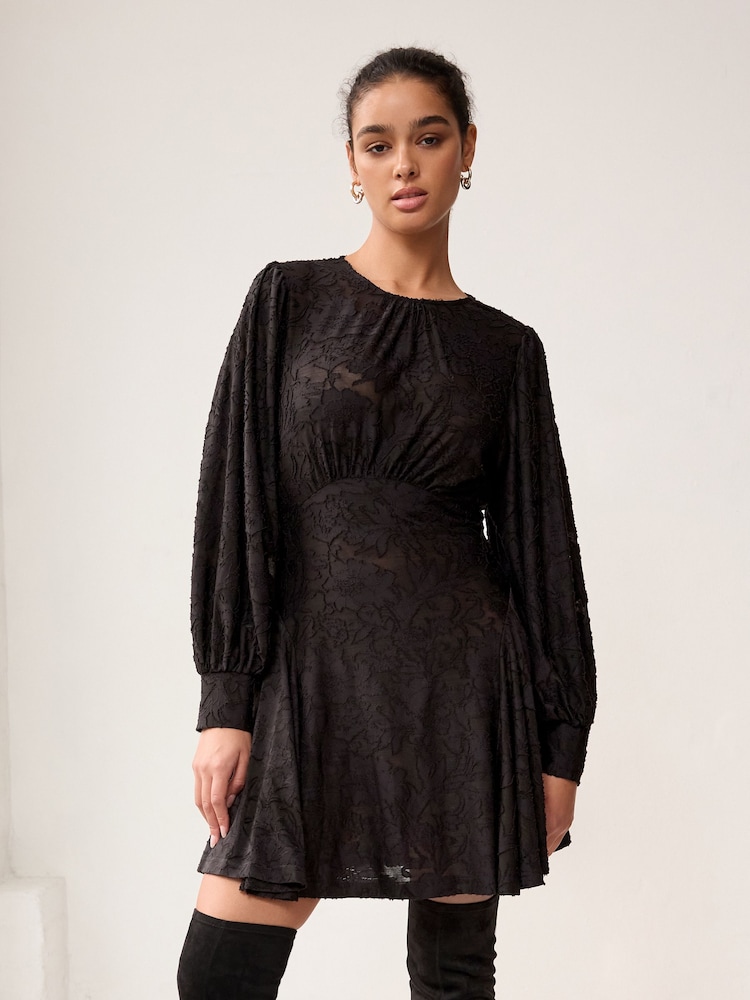 Black Floral Texture Long Sleeve Mini Dress - Image 1 of 6