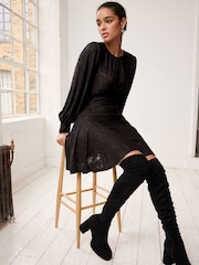 Black Floral Texture Long Sleeve Mini Dress - Image 2 of 6