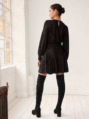 Black Floral Texture Long Sleeve Mini Dress - Image 3 of 6